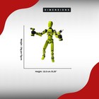 Lime green articulated figure with black RYOBI logo, shown beside a tall black figure with red arms, dimensions in inches.