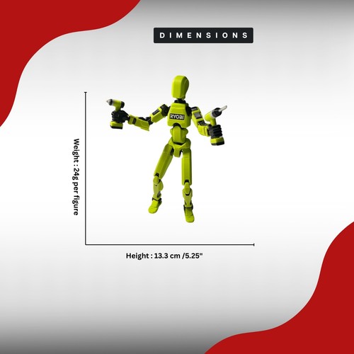 Lime green articulated figure with black RYOBI logo, shown beside a tall black figure with red arms, dimensions in inches.