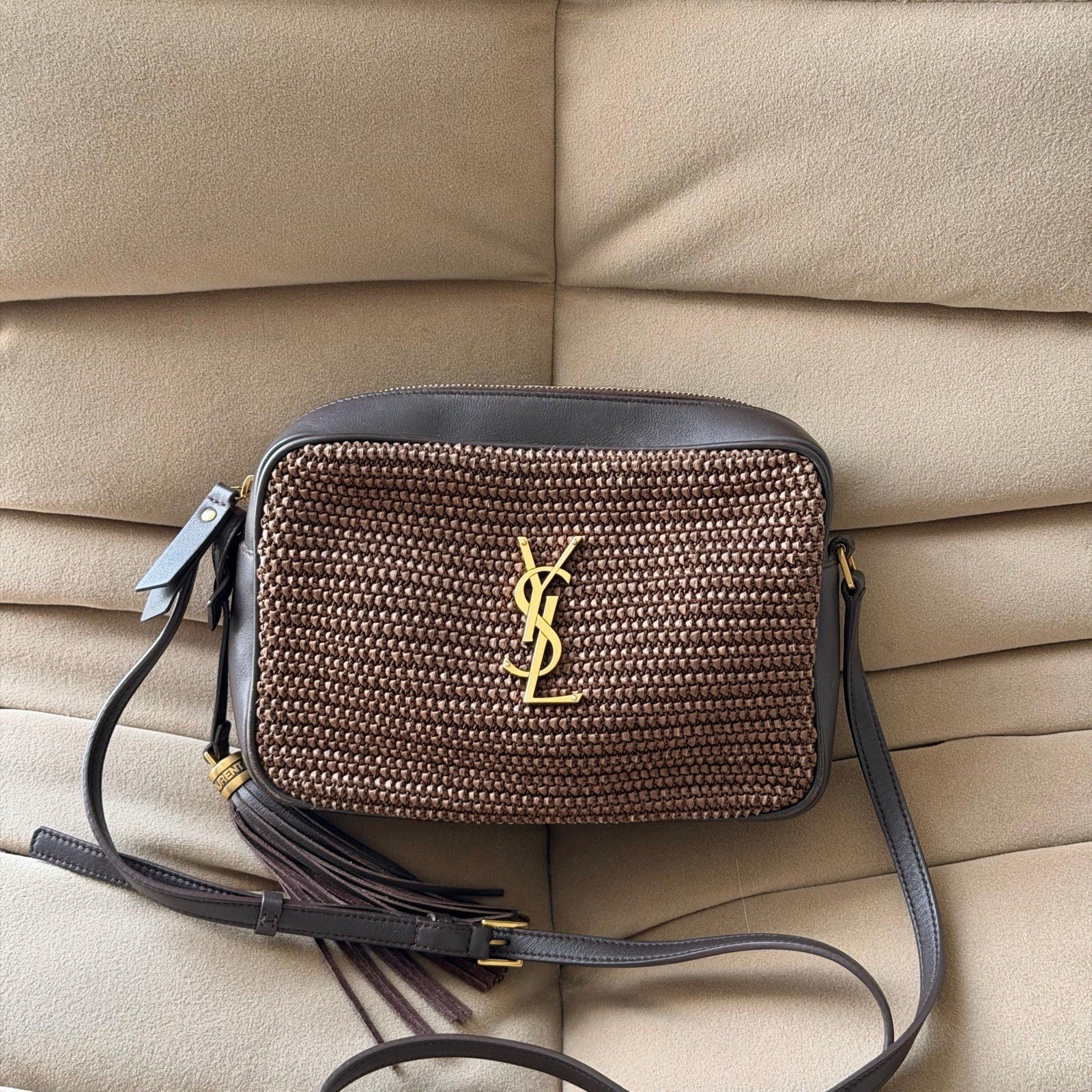 Saint Laurent YSL Camera Lou Bag in Brown Raffia with Gold Hardware