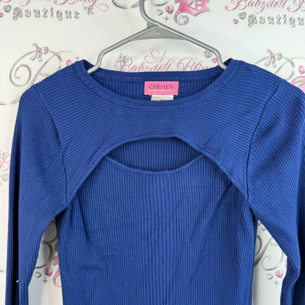 Carmen Marc Valvo long sleeve cut out detail front blue Navy Long Sleeve Top image 4