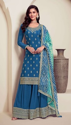 Salwar Kameez Voor Vrouwen Jurk Blauw Salwar Kameez Indian Straight Sharara Kurti 2 Stuk Kant-en-klare Door Shopping Hub, Blauw, M