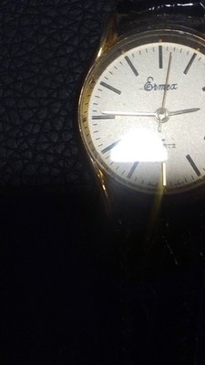 Ermex Quartz Analog Wristwatch Gold Case White Dial Black Leather Band