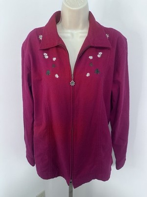 LL Bean Chamois Cloth Shirt Jacket Zip 16 womens evergreens flowers red blazer