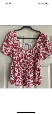 Draper James Blouse Women s Size M White Pink Floral Shirt Puff Sleeve Lined Top