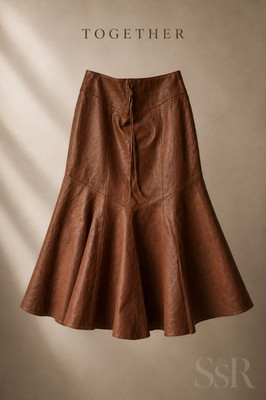 Together NWT 100% Genuine Leather Flared Maxi Skirt 14 Brown Corset Lace-Up