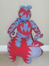 Vintage TEDDY BEAR  PIG, Hand Made From 1920s Red  Blue PATCHWORK QUILT