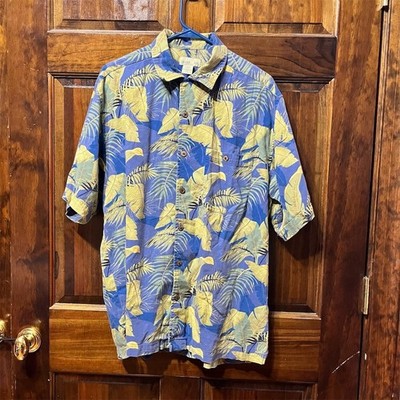 Trader Bay Hawaiian Aloha Shirt Mens Size L Blue Tropical Leaf Print