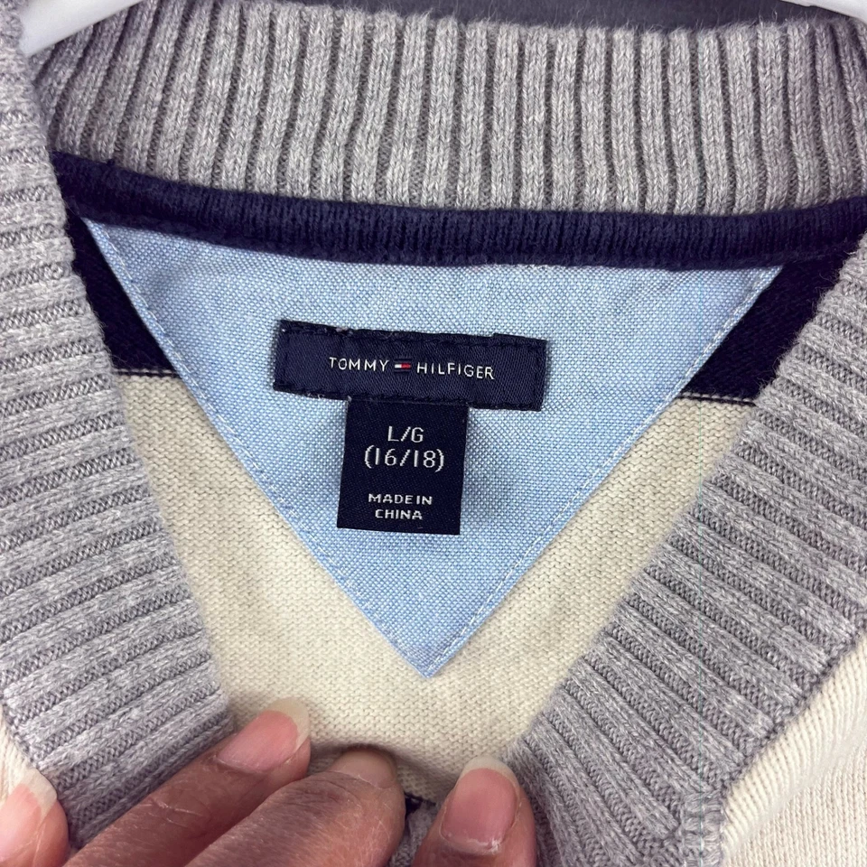 Tommy Hilfiger Rugby Sweater Kids Large (16-18) Blue White Preppy Academia Knit - Image 4 of 4