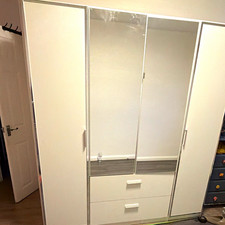 4 Door Mirrored Freestanding Wardrobe with 2 Drawers, White, 200x200x50