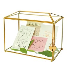 Wedding Gold Glass Card Box with Lock and Slot - Wedding Envelope Card Holder...