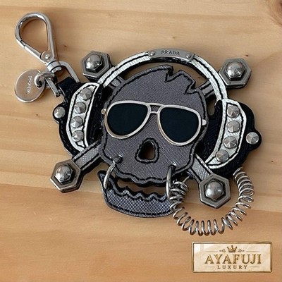 PRADA Trick Skull Keyring Bag Charm Saffiano Leather Metal Stud Black Gray Small