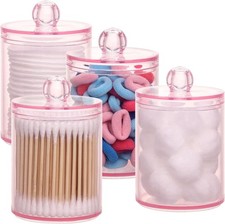 4 pcs Qtips Holder Bathroom Container, 10 OZ Apothecary Jar, Pink Cotton