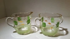 Bartlett Collins Gay Fad Clear Glass Creamer & Sugar Bowl w/Painted Green Tulips