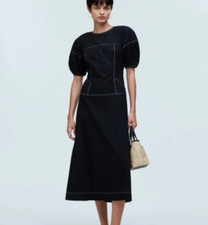 Madewell Black Puff-Sleeve Drop-Waist Cotton Midi Dress Size 00, NEW