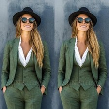 3 Pcs Linen Women Suit Ladies Office Work Wear Formal Wedding Prom Blazer Set