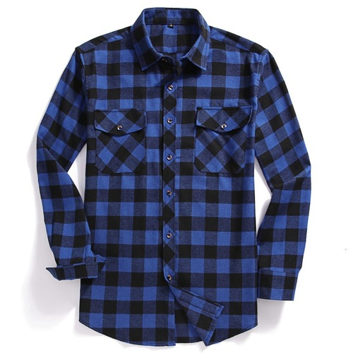 2022 Men Casual Plaid Flannel Shirt Long-Sleeved Chest Two Pocket  Printed-Button