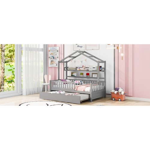Wooden Twin Size House Bed with Trundle and Storage, Kids Bed with Shelf, Gray - Picture 4 of 15