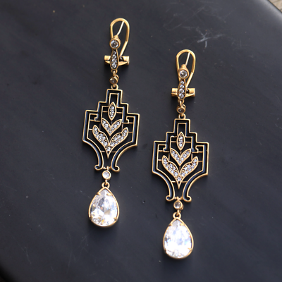 Boucles D'oreilles Pendantes Art Déco Dorées Avec émail Noir Et CZ - Dormeuses - Neuf