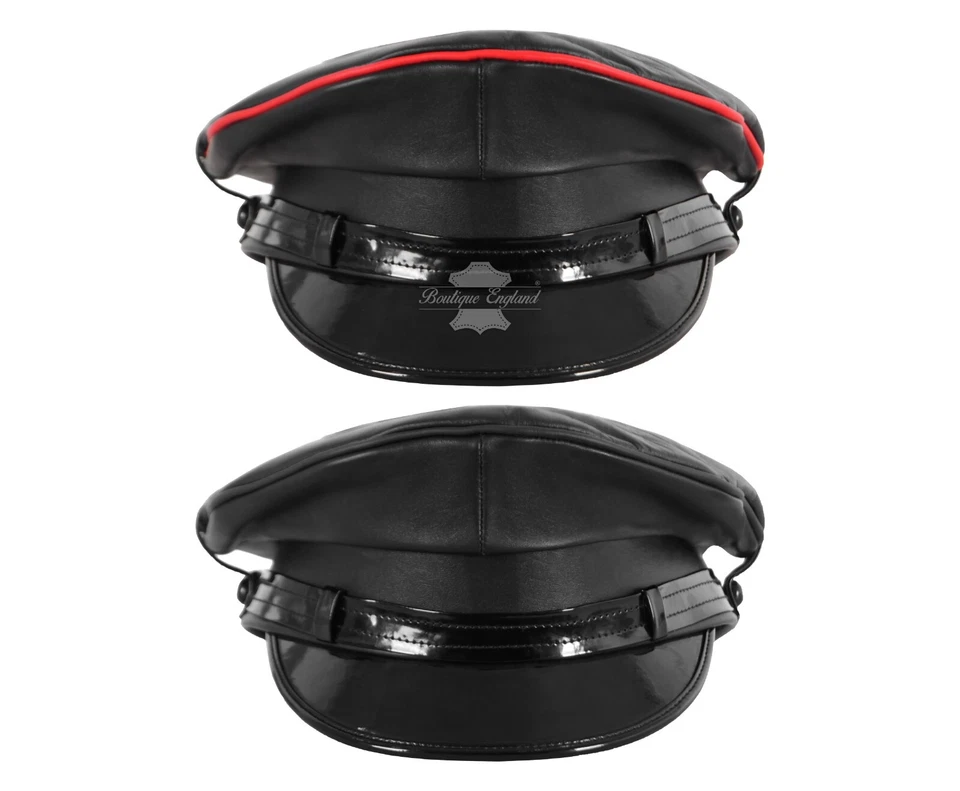 Genuine Leather Black Red Trim Army Muir Biker Peaked Police Military Cap Hat