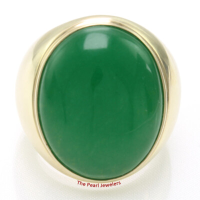 14K Solid Yellow Gold Cabochon Green Jade Men s Ring