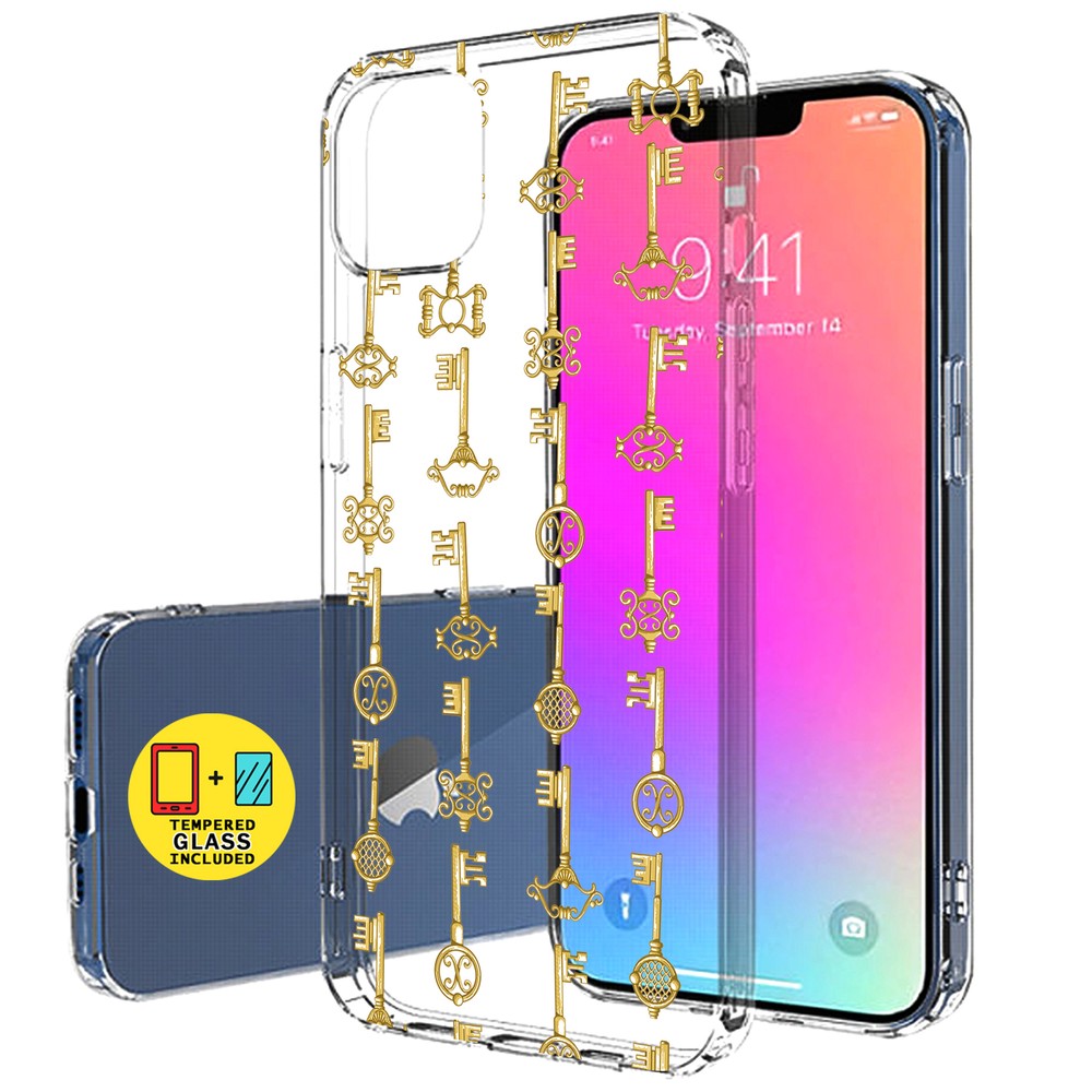 Slim Case for Apple iPhone 14 Max, Golden Keys Print, Glass Screen, US