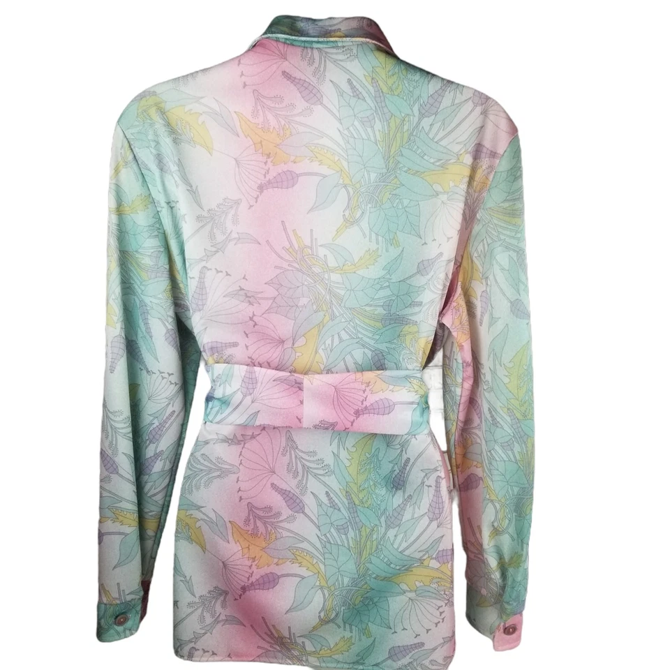 Blusa feminina de poliéster discoteca retrô anos 70 vintage Tucker Knits tamanho 16 M/L botão floral - Imagem 3 de 4