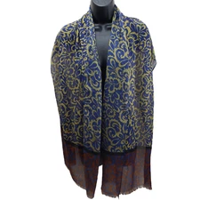 Women's Scarf Blue Gold Floral Soft Sheer Fringe 22/70" Rectangle Wrap