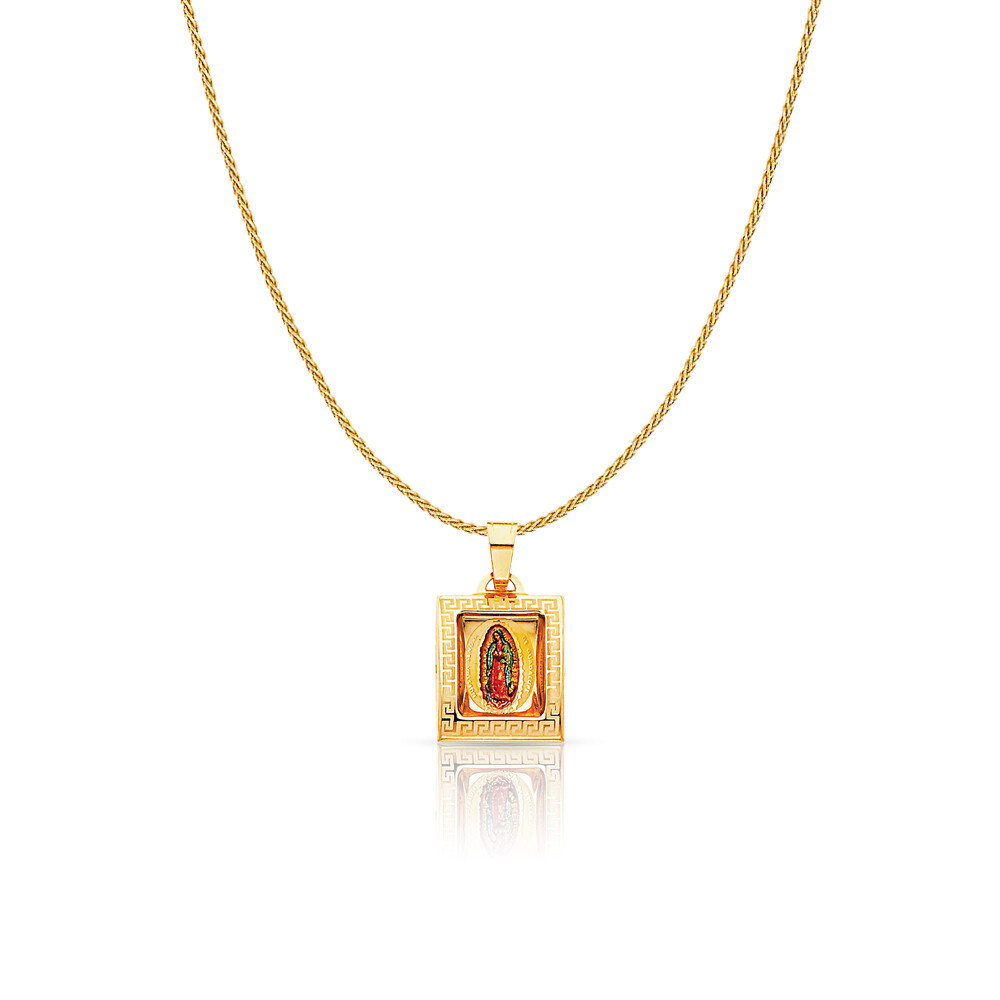 14K Yellow Gold Guadalupe Enamel Charm Pendant & 0.9mm Wheat Chain Necklace