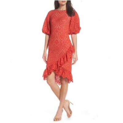 Nordstrom Jarlo Women's Orange Anika Eyelet Dress Size Ruffle Hem M985  NWT