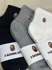BAPE A Bathing Ape Crew Socks 3 Pack Embroidered Logo Black Gray White 2026