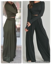 Women's Knit 2-Piece Set Long Sleeve Crop Top  Wide-Leg Pants Olive