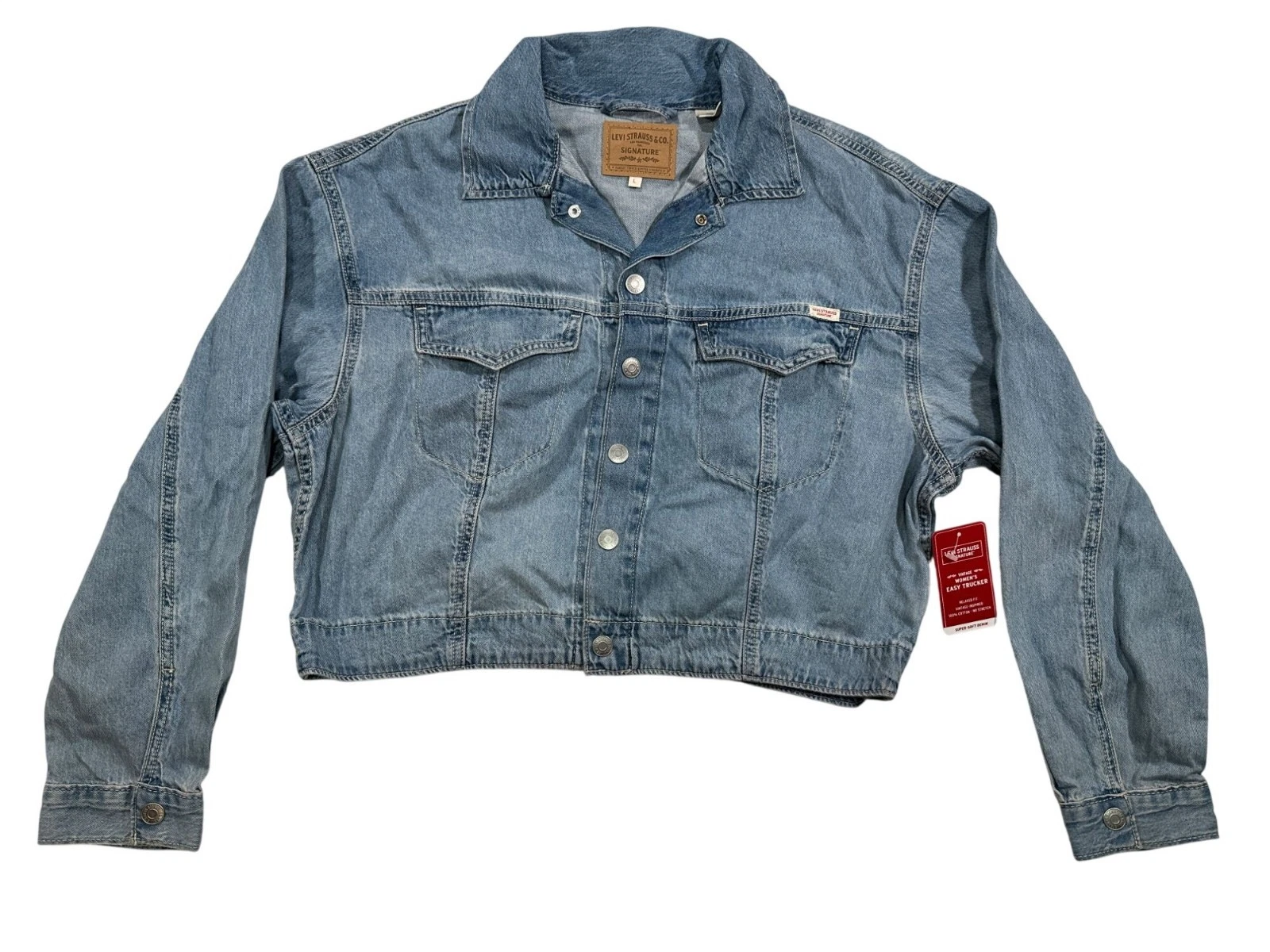 Levis Signature Womens Easy Trucker Denim Jacket L Relaxed Fit 100% Cotton Blue