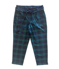 Talbots Green Plaid Front Tie Belted Wool Blend Ankle Pants Size 12P Classic EUC