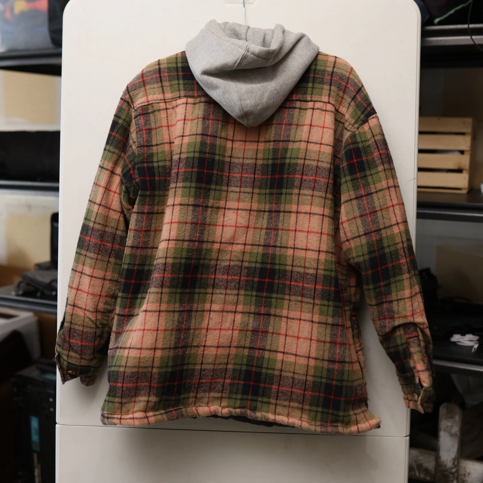 Moose Creek Mens XL Quilted Lined Flannel Hooded Shirt Jacket Plaid Green Peach - product detail image 5