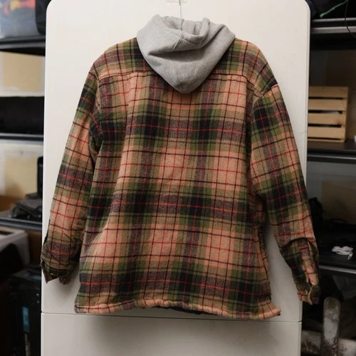 Moose Creek Mens XL Quilted Lined Flannel Hooded Shirt Jacket Plaid Green Peach image 5