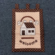 Vintage Quilted Welcome Wall Hanging Cottage Floral Calico Folk Art Brown Tan