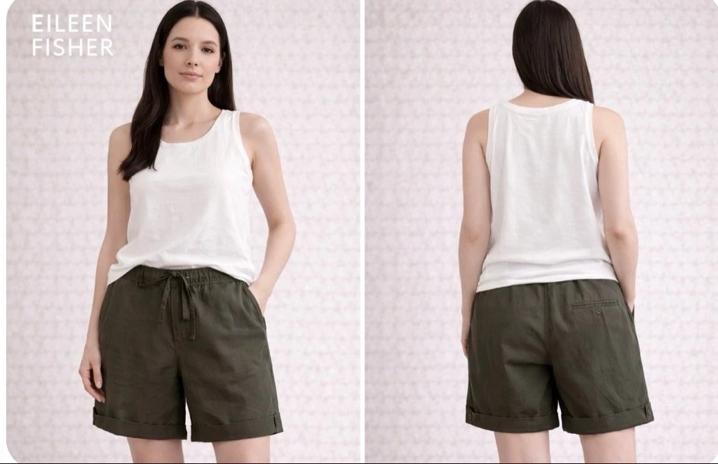 Eileen Fisher Olive Green Organic Linen Shorts M