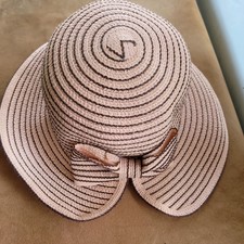 Wide Brim Beige Striped Sun Hat With Bow Accent For Women - One Size