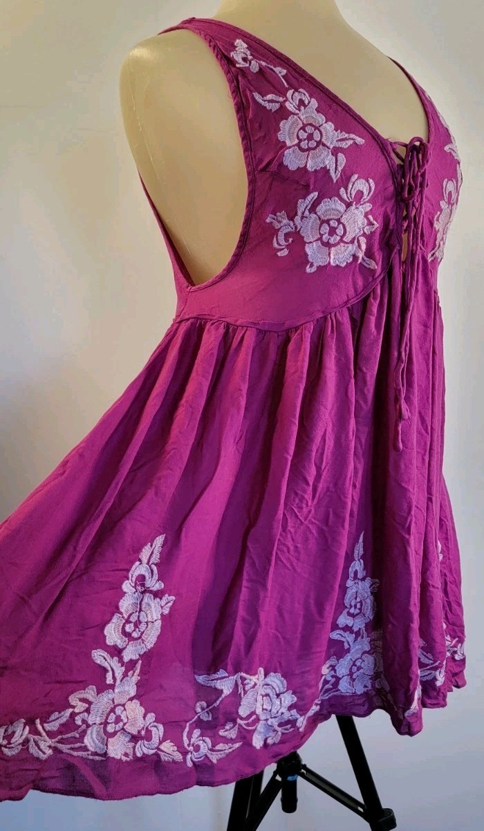 Pink & Purple Modal Gauze Floral Embroider Babydoll Blouse Sleeveless Summer XS