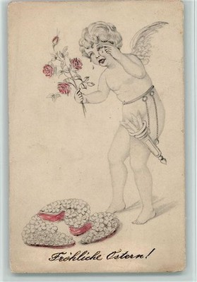 13013587 - weint ueber ein zerbrochenes Blumenherz Amor 1905
