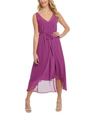 DKNY Womens Belted High-Low Dress, Purple, 4