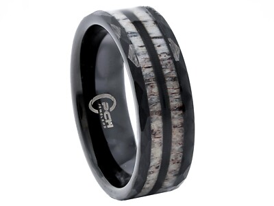 Black Tungsten Guitar String, Deer Antler Ring, Hammered Finish 8mm Wedding Band