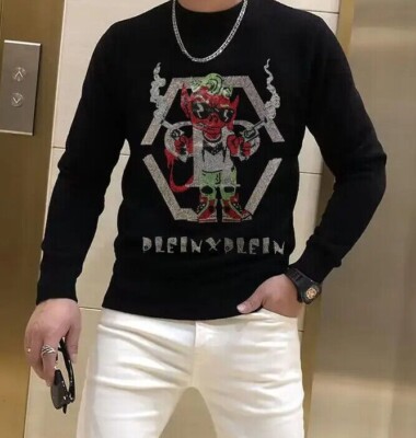 New Men Luxury Diamond Rhinestones Fashion Knitted Black Sweater High Quality