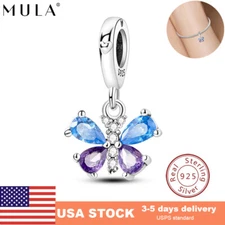 MULA 925 Sterling Silver Charm Purple Water Drop CZ Butterfly fit Bracelet Chain