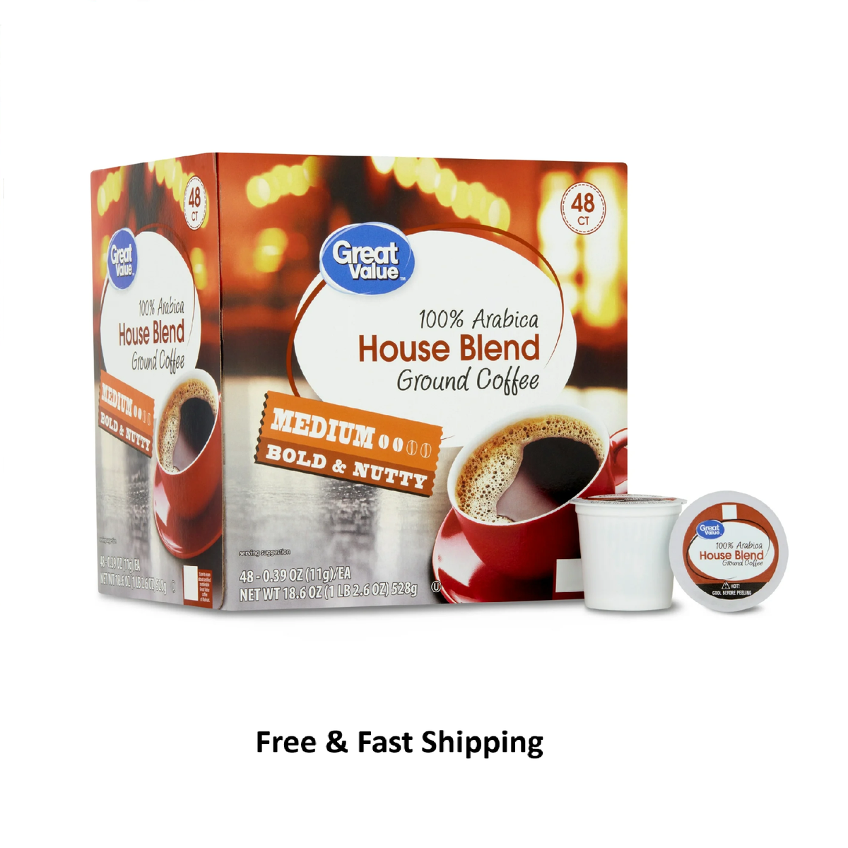 Great Value 100% Arabica House Blend Medium Roast Coffee Pods, 48
