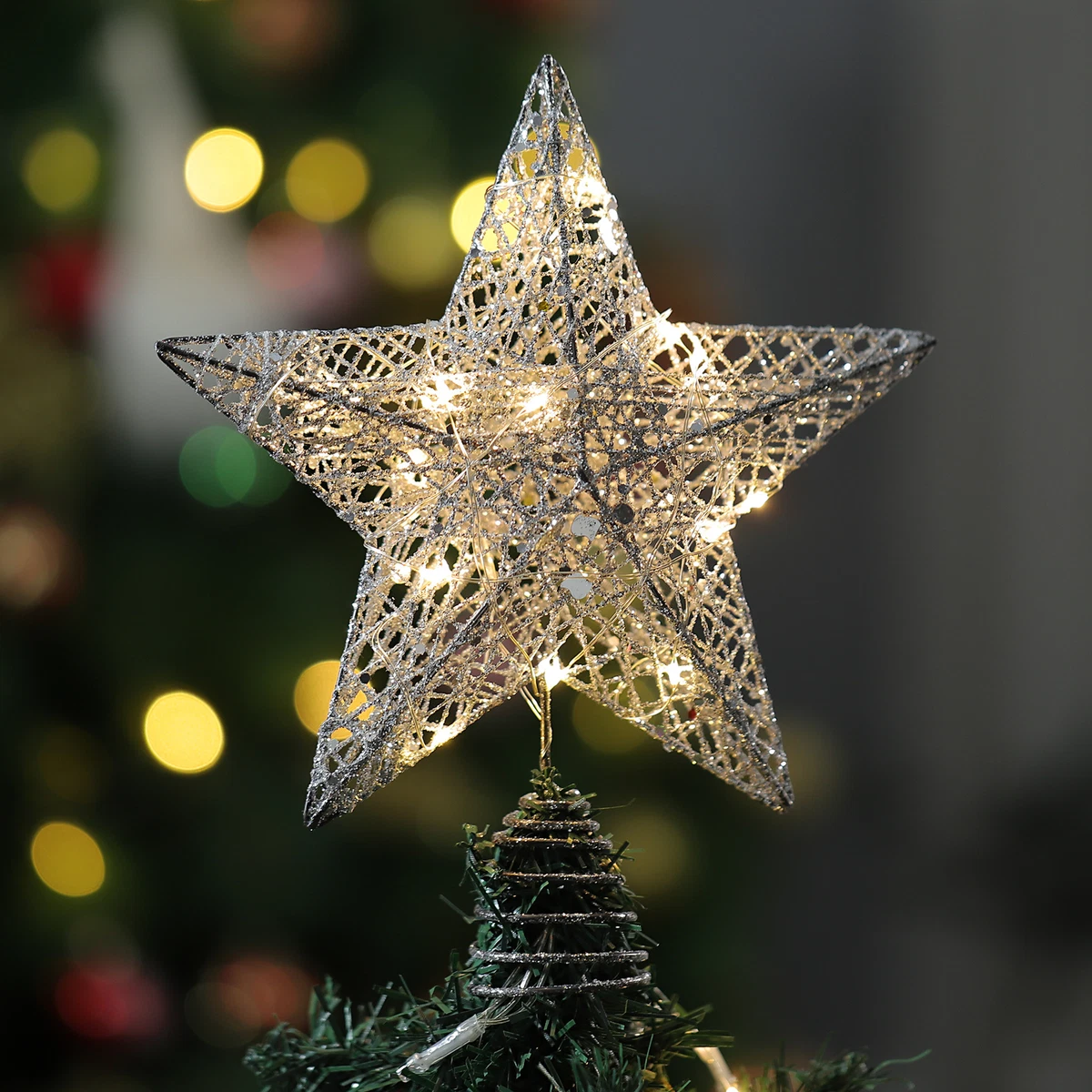 Christmas Tree Topper Metal Hollowed Xmas LED Star Topper