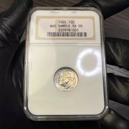 1955 10C Roosevelt Silver Dime, NGC- Old SAMPLE Holder, Pretty Toned