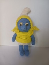 Vintage Handmade Crochet Smurfs Character Smurfette 12? Homemade Yello Dress Hat