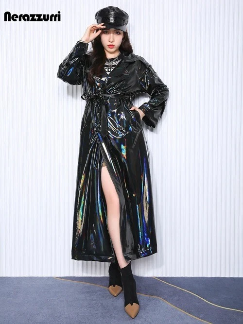 Extra Long Black Holographic Reflective Stretchy Soft PVC Leather Trench Coat - Image 3 of 4