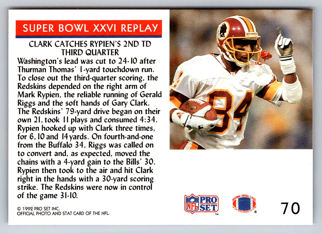 70 Super Bowl XXVI Replay Washington Redskins 1992 Pro Set Super